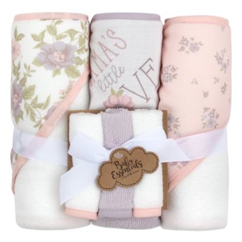 Baby Essentials 6 Piece Printed Hooded Bath Towel and Washcloth Set for Infant, Newborns and Toddlers 3 – 24 Months for Bath Time, Showers, Lounge, Beach and Pool in Mama's Little Love Print