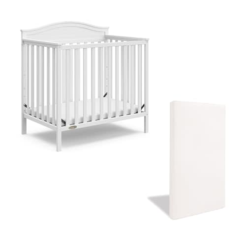 Graco Stella 4-in-1 Convertible Mini Crib with Bonus Mattress (White) – Includes Bonus 2.50 Inch Thick Mattress with Water-Resistant Cover, Converts to Twin Bed with Headboard and Footboard