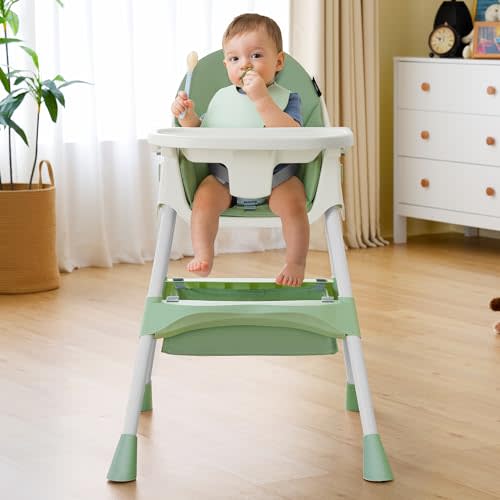 HARPPA 6-in-1 Convertible Baby High Chair for Toddlers, Foldable Highchair with Removable Tray for Eating & Playing, Adjustable 5-Point Safety Harness, Toddler High Chair with PU Cushion, Green