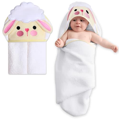 Mother's Choice Baby Hooded Towel - Large Size 33x33 Inch, 100% Cotton, Ultra-Soft & Absorbent Bath Towel for Newborns, Infants, Toddlers, Boys & Girls with Animal Hood (Sheep, 33x33 Inches)