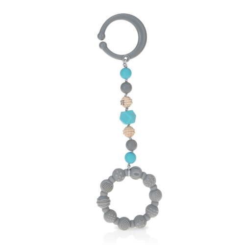 Nuby Tag-a-Long Silicone Teether Toy for Infants with Ring, Beaded String, and Clip, Gray