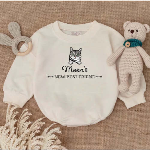 New Best Friend Bubble Romper, Custom Baby Bodysuit, Baby Shower Gift, Cute Kid Gift, Personalized Cat Name Cat Lover Gift BRCAT7268