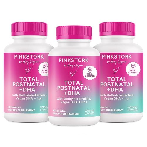 Pink Stork Total Postnatal Vitamins for Women with Vegan DHA, Iron, Folate, and Vitamin B12, Postpartum Recovery Essentials, Daily Supplement for Breastfeeding Moms - 3 Month Supply
