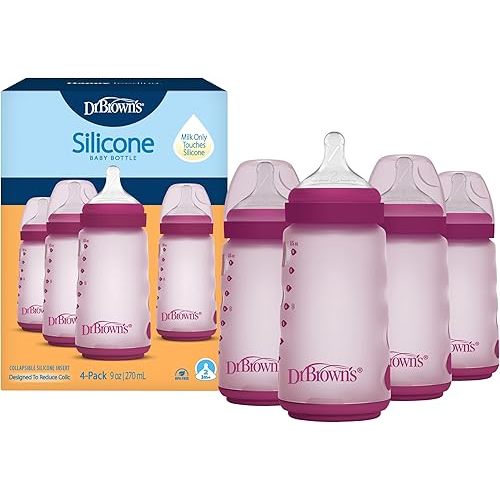 Dr. Brown's Silicone Baby Bottle, 9 oz, Level 2 Nipple, 3m+, Pink, 4-Pack
