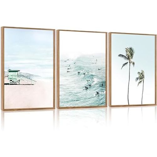 CHDITB Tropical Surf Scene Framed Canvas Wall Art Set Of 3, Coastal Wall Decor, Ocean Inspired Beach Wall Painting, Neutral Seascape Palm Tree Art Prints For Living Room Bedroom Decor (12x16 Inch)