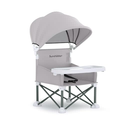 Portable Baby Booster Seat with Removable Tray & Canopy - 3 Point Safety Harness, Compact Fold for Travel, Indoor Outdoor Use for Infants & Toddlers, Gray