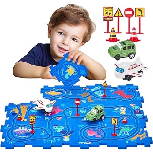 hahaland Puzzle Racer Kids Car Track Set - 5x5 Inches Larger Size of Each Piece Toys for Ages 2-4 for Kids 3 Year Old Boy Toys for 3-5 Birthday Gifts