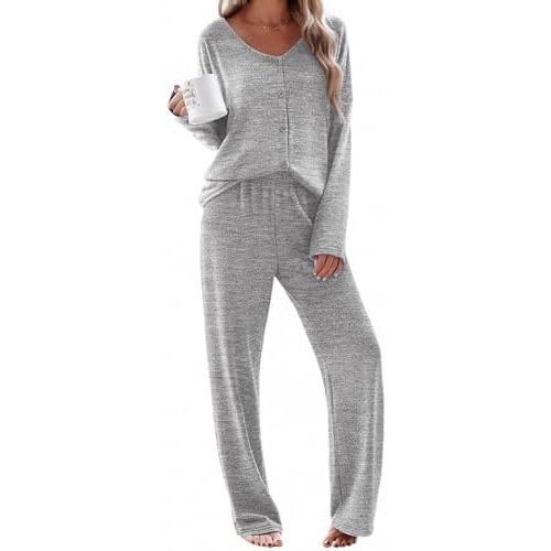 Ekouaer Womens Pajama Sets Button Up Long Sleeve Lounge Set Soft V Neck Pj