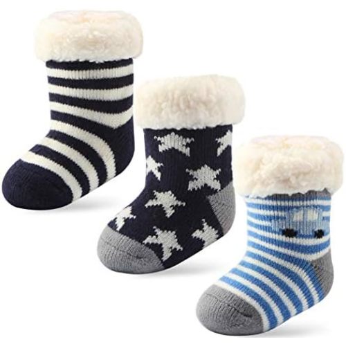 3 Pairs Toddler Girl Boy Sherpa-lined Fuzzy Socks Anti Skid with Grips, Baby Girl Boy Christmas Socks Kids Slipper Socks