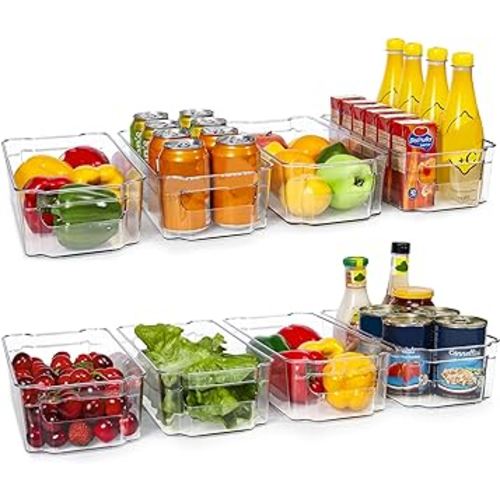 HOOJO Refrigerator Organizer Bins - 8pcs Clear Plastic Bins For Fridge, Freezer, Kitchen Cabinet, Pantry Organization, BPA Free Fridge Organizer, 12.5" Long, Clear