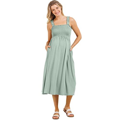 Women's Smocked Midi Maternity Dress with Pockets