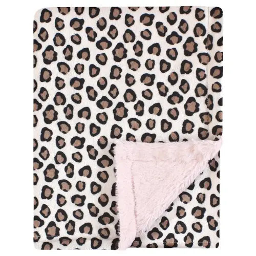 Hudson Baby Unisex Baby Plush Blanket with Furry Binding and Back, Leopard/Pink, One Size