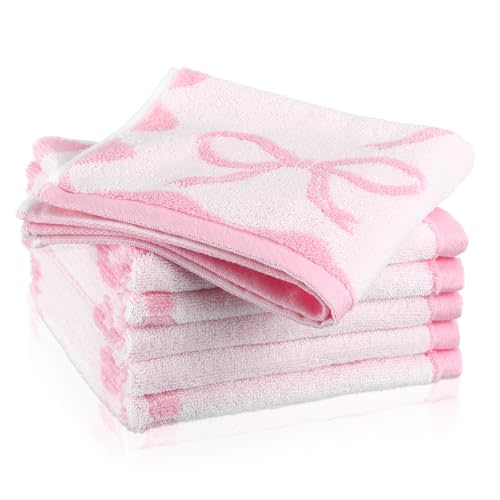 Coume 6 Pcs Pink Bow Washcloths 100% Cotton Wash Cloths 13" x 13" Coquette Small Face Towels Absorbent Soft Preppy Wash Cloths & Hand Bath Towels for Bathroom, Spa, Kitchen Drying Cleaning