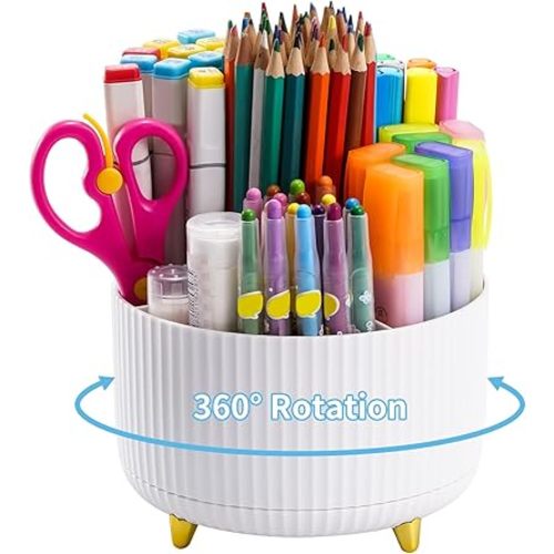 Marbrasse Desk Organizer, 360-Degree Rotating Pen Holder for Desk, Desk Organizers and Accessories with 5 Compartments Pencil Organizer, Art Supply Storage Box Caddy for Office, Home (White)