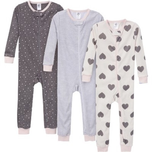 Gerber Baby Girl Snug-Fitting Footless Pajamas, 3 Pack, Hearts, 0-3 Months