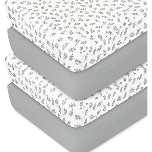 Crib Sheets 4 Pack for Baby Boys & Girls, Neutral Crib Sheet Fitted 52'' x 28'' for Standard Crib & Toddler Mattress, Ultra Soft Material Baby Sheet, Grey Leaf