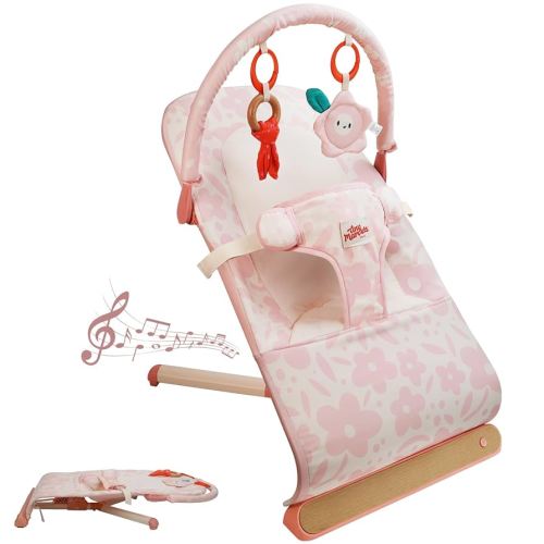 Tiny Marvels Baby Bouncer, 3-Point Harness Rocker Chair for Newborn Toddler, Portable Baby Bouncer Seat with Sensory Toys and Music, Compact & Comfort Infant Bouncer Pink Floral