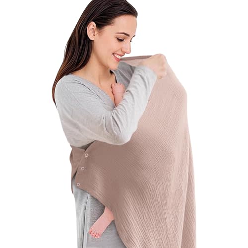 Konssy Muslin Nursing Cover for Baby Breastfeeding, Breathable 100% Cotton Breastfeeding Cover with 3-Point Rotary Buckle, Multi-Use Car Seat Cover Baby, Nursing Blanket(Taupe)