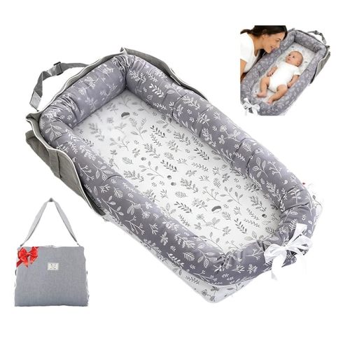 Loevin Baby Lounger for Newborn Portable Bag,Baby Play Mat Tummy Time with Strap,Awake-Time Pad Newborn Lounger Adjustable to 0-24 Months Home Travel(Calm Sprig)