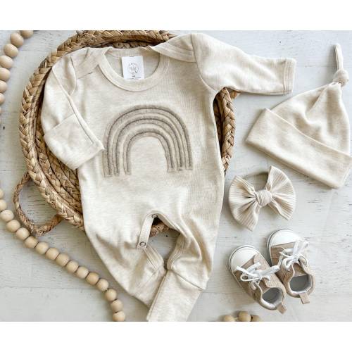 Personalized neutral baby romper and hat set, custom infant boy girl coming home outfit, baby shower gift, romper with footies rainbow boho