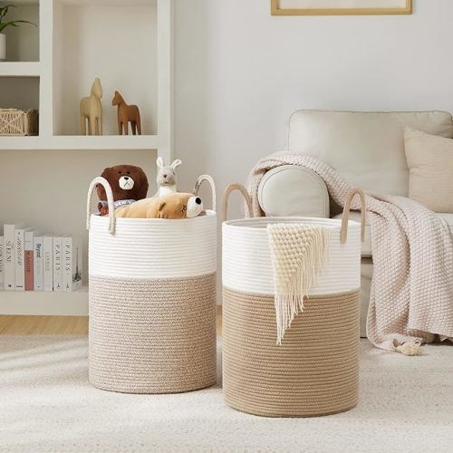 Woven Rope Laundry Hamper Basket, 72L Tall Luandry Basket, Baby Nursery Hamper for Blanket Storage, Clothes Hamper for Laundry in Bedroom-Large-Brown - Large(72L ) - White&Brown