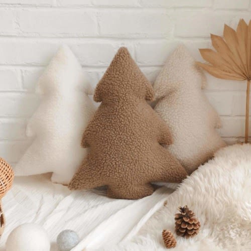 Plush Sherpa Forest tree pillows, Cabin home decor pillows, Housewarming gifts for lovers, Decorative Tree cushion, Beige boucle pillow