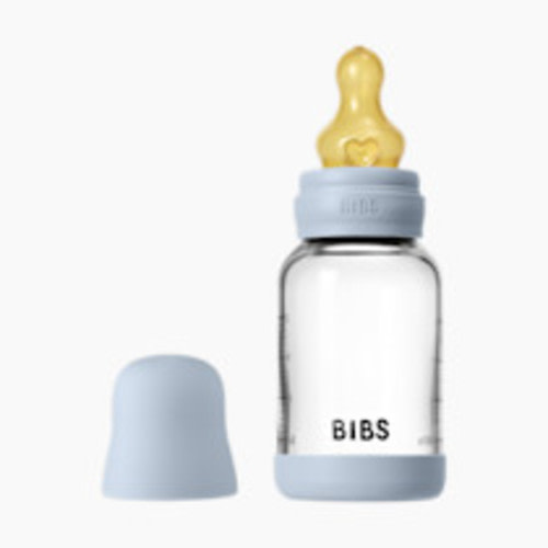 BIBS Baby Glass Bottle with Natural Rubber Nipple - Baby Blue, 4oz