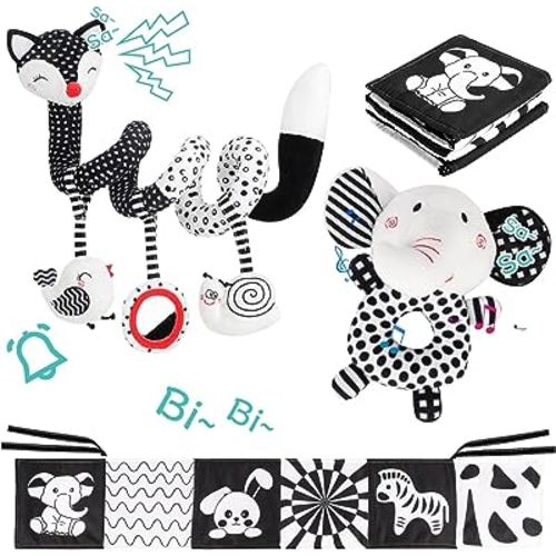 3 Pcs Car Seat Toys for Babies 0-6 Months,Black and White Baby Hanging Rattle Toys for Crib Mobile,High Contrast Baby Toys for Newborn Toys,Infant Sensory Toy Best Gift for 0-6 6-12months