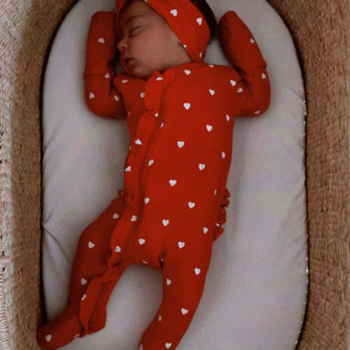 Organic Waffle Ruffle Zip Footie, Little White Heart (on Red)