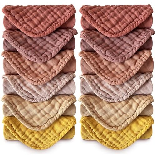 MOON PARK Baby Washcloths, 12 Pack - 12x12 Inches, Small Burp Cloths and Baby Wipes - 100% Cotton Muslin Ultra Soft for Newborn, Infant and Toddlers - Brown, Honey and Bean Paste Series