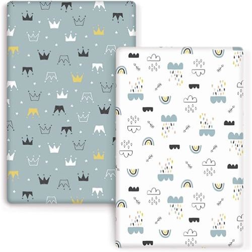 GRSSDER Stretchy Ultra Soft Jersey Knit Fitted Pack n Play Playard Sheets Set 2 Pack,Portable/Mini Crib Sheets, Crown and Cloud for Girls and Boys