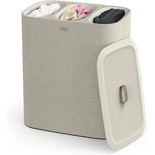 Joseph Joseph Tota - Trio 90-liter Laundry Hamper Separation Basket with lid, 3 Removable Washing Bags with Handles- Ecru