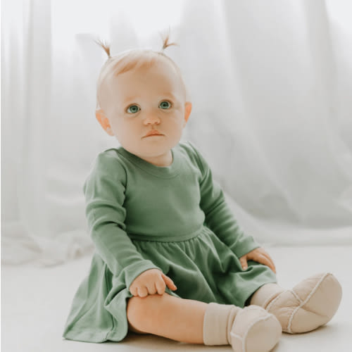 Baby and Toddler Long-Sleeve Twirl Dress - Basil Green| 100% Organic - Finn + Emma