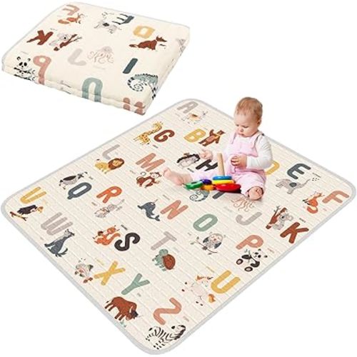 Funtery 43 x 43 Inch Boho Rainbow Baby Play Mat Portable Crawling Washable Foldable Tummy Time Non Slip Baby Floor Large Playpen Mat for Infants Toddlers Floor Playpen Activity(Woodland Animal)