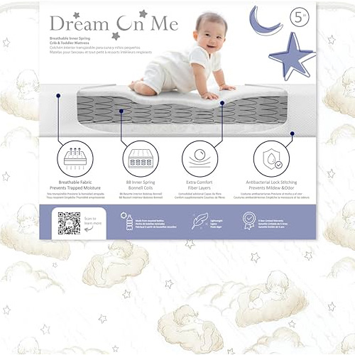 Dream On Me Twilight 5” 2-in-1 Breathable Spring Coil Crib & Toddler Mattress – Firm Infant Side & Plush Toddler Side, Reversible Design, Waterproof Vinyl Cover, GREENGUARD Gold & JPMA Certified