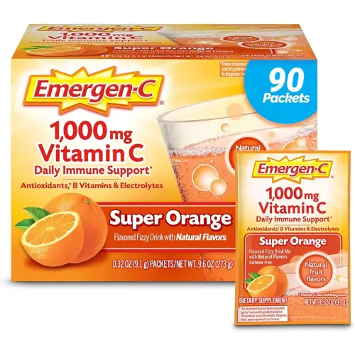 Emergen-C 1000mg Vitamin C Powder for Daily Immune Support Caffeine Free Vitamin C Supplements with Zinc and Manganese, B Vitamins and Electrolytes, Super Orange Flavor - 90 Count/3 Month Supply