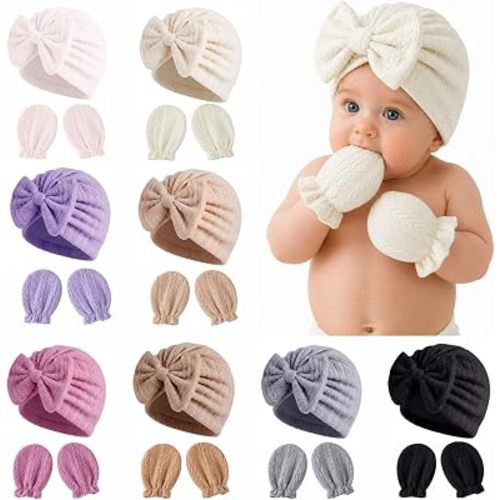 8 Sets Newborn Baby Girl Hats Mittens Set Cotton for Infants 0-3 Months