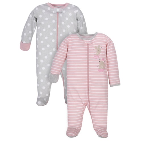 Wonder Nation Baby Girl Pajamas Zip Up Sleep 'N Play with Mitten Cuffs, 2-Pack