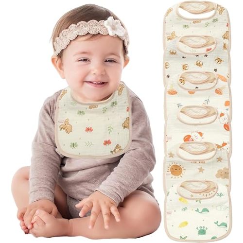 Muslin Baby Bibs,Pure cotton absorbent and breathable, suitable for boys and girls aged 0 to 36 months, 6-piece set