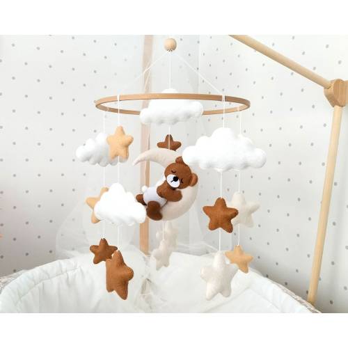Baby Mobile with Sleeping Bear, Baby Bear Mobile, Boho Baby Mobile, Baby mobile neutral, Crib stars clouds Mobile, Felt hanging mobile