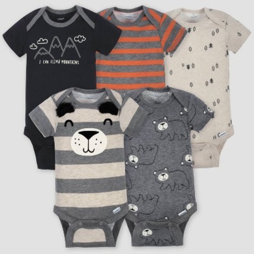 Gerber Baby Boys' 5pk Short Sleeve Bear Bodysuits - Gray/Light Brown, Size: 6-9M