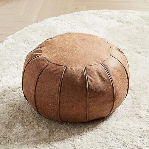 Louis Donné Unstuffed Moroccan Ottoman Pouf Cover, Waterproof Handmade Faux Decor Storage Solution for Kids Toy, Footstool Pouffe Cover Replacement Balcony Indoor 21dia Chestnut Brown, ONLY Cover