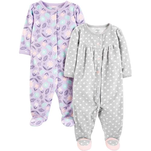Simple Joys by Carter's Baby Girls' Fleece Footed Sleep and Play, Pack of 2 - 6-9 Months - Purple/Grey, Floral/Dots