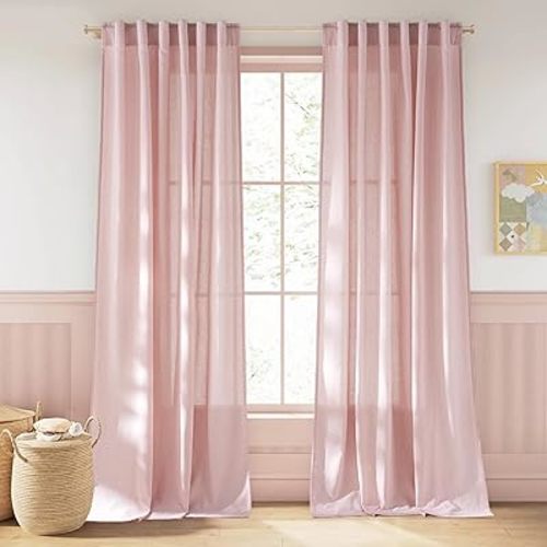 NICETOWN Linen Light Pink Sheer Curtains for Girls Room, Rod Pocket & Back Tab Thick Flax Linen Weave Privacy Assured with Light Filtering Window Drapes for Bedroom, W55 x L96, 2 Panels