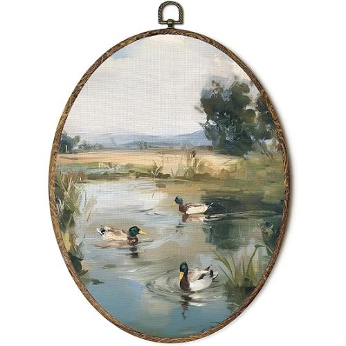 OINDADE Vintage Mallard Duck Hunting Oval Wall Art Decor, Cabin Cottagecore Duck Hunting Wall Art Hanging Decor, Mallard Ducks Framed Canvas Artwork for Home Nursery Living Room, 8.8x11.5in
