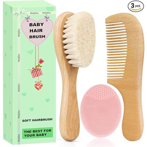3PCS Baby Hair Brush with Wooden Handle and Comb Set for Newborns & Toddlers | Natural Soft Goat Bristles l Wood Comb l Pink Silicone Brush| Ideal for Cradle Cap