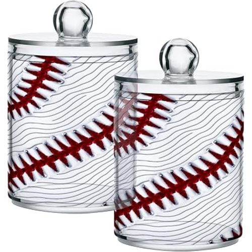 Sport Baseball Print 2 Pack Qtip Holder Dispenser Clear Plastic Apothecary Jar with Lid Bathroom Organizer Vanity Makeup Storage Containers for Cotton Ball, Cotton Swab, Floss
