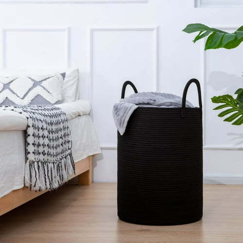 IHHIZLTT Laundry Basket Handles 16" x 20", Large Woven Blanket Basket for organizing,Black