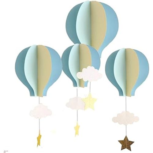 AZOWA Hot Air Balloon 3D Paper Hot Air Balloons Garland Hanging for Party Wedding Baby Shower (Blue, 4 Pcs)