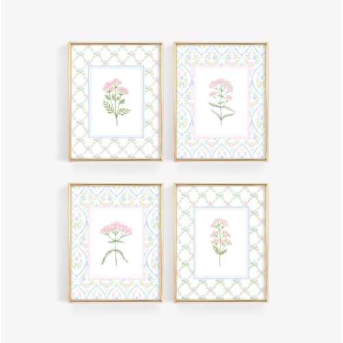 Floral Nursery Print Set of 4, Baby Girl Room Decor, Wildflower Wall Art, Botanical Nursery Print Set, Pink and Blue Girl Nursery Wall Decor